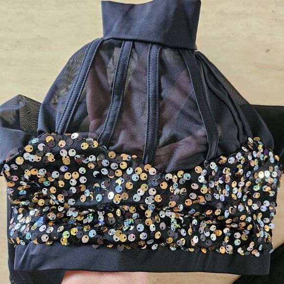 Weissman NWOT child medium half top black mesh with gold sequin costume jazz - Picture 3 of 7